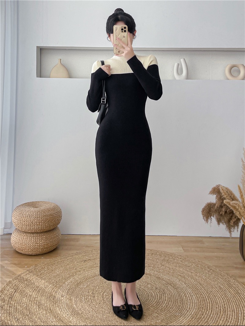 エクストラロングフレンチニッチニットワンピース女性秋冬スリム薄型パッケージヒップボトムインナーセーターワンピースロングスカート