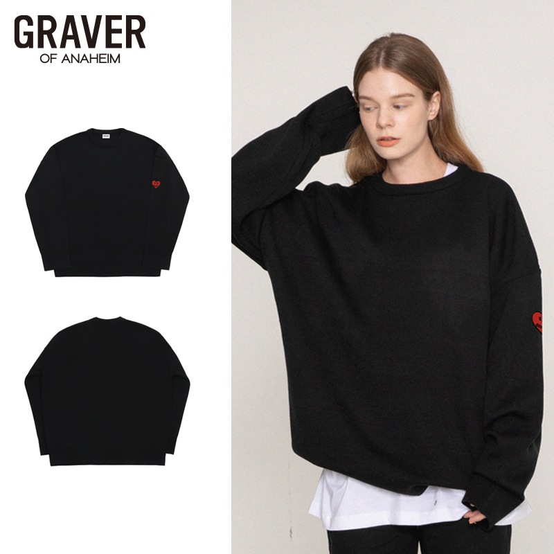 袖 ハートロゴ スマイル 刺繍 ラウンド ニット_ブラック