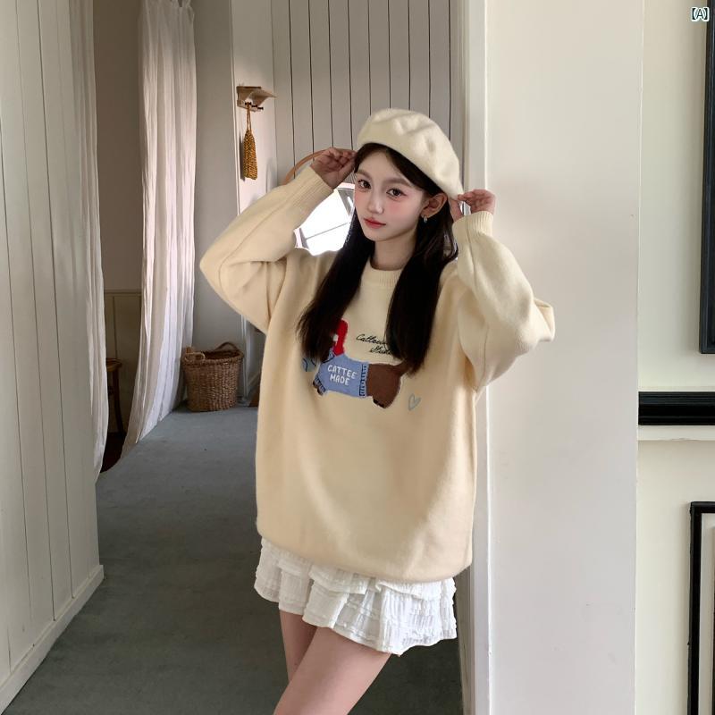 レディース　ファッション　おしゃれ　海外風　かわいい　　ヤング ANDEARDI ペット 子犬 刺繍 レトロ カジュアル ラウンドネック セーター 6,775円