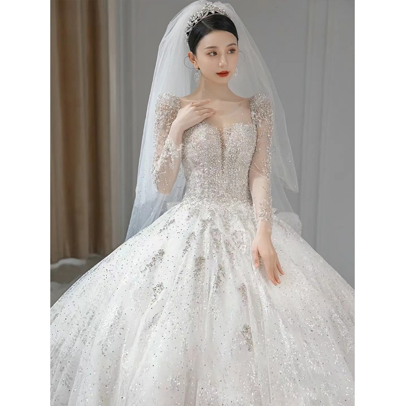 重工業 長袖メイン ウェディングドレス 2025 新作 花嫁 宮殿風 妊婦 豪華 大きい トレーディング 冬