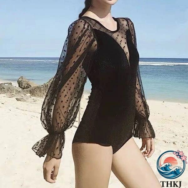今月限定セール長袖ドット柄シースルー水着透け感デザインレディース大人可愛い風合い