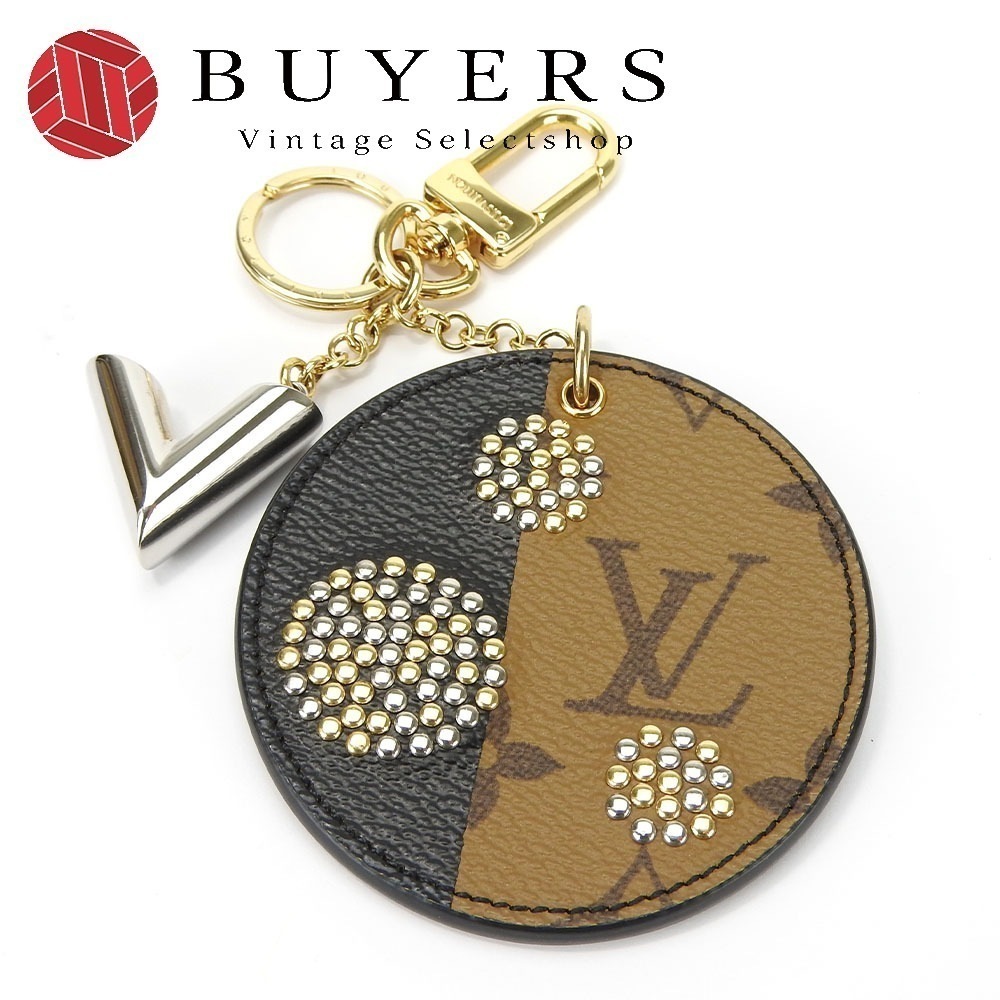 中古 キーリング ポルトクレ ナイトライト MP1842 モノグラムリバース レザー ブラウン ブラック ゴールド金具 スタッズ チャーム 小物 レディース 女性