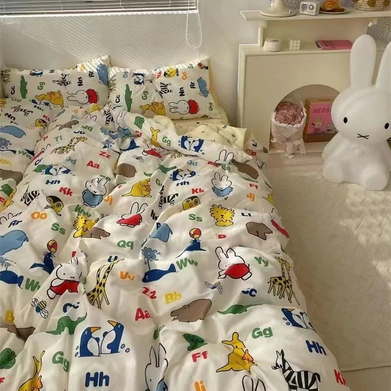 快速出荷ミッフィー 100綿 純綿裸で寝 ベッドシーツ+布団カバー+枕カバー 純綿3点/4点セット 可愛い フリル付き 柔らか 肌触り おしゃれ 寝具 布団セット