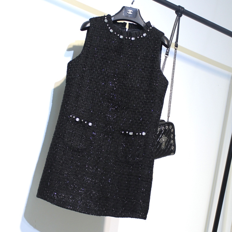 ツイードワンピース レディース ワンピース ツイード ビジュー ノースリーブ バックファスナー ツイードジレ ベスト 韓国 ワンピース トップス レイヤード レディース 春 秋 冬