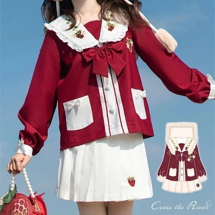 【急速出荷!】なんちゃって制服 セット セーラー服 制服 卒業式 女の子 セーラー襟 ピアノ発表会 イチゴ 赤 長袖 リボン 春 入学式 ブラウス スカート スーツ プリーツスカート レディース フォ