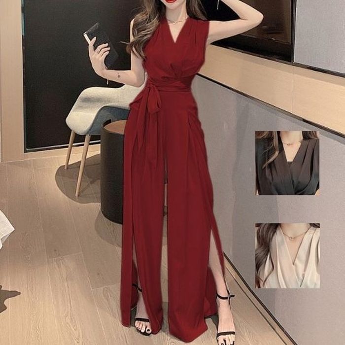 パンツドレス 赤 韓国 かっこいい 個性的 おしゃれ 安い スリット ノースリーブ 黒 細 見え セクシー パーティードレス お呼ばれ ウエストリボン プチプラ ロング 結婚式 ブラック レッド 二次