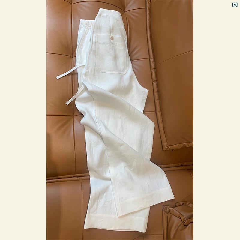 レディース ファッション おしゃれ 海外 たり リネン ワイド レッグ パンツ 通勤用 ゴム ウエスト ストレート カジュアル レディース
