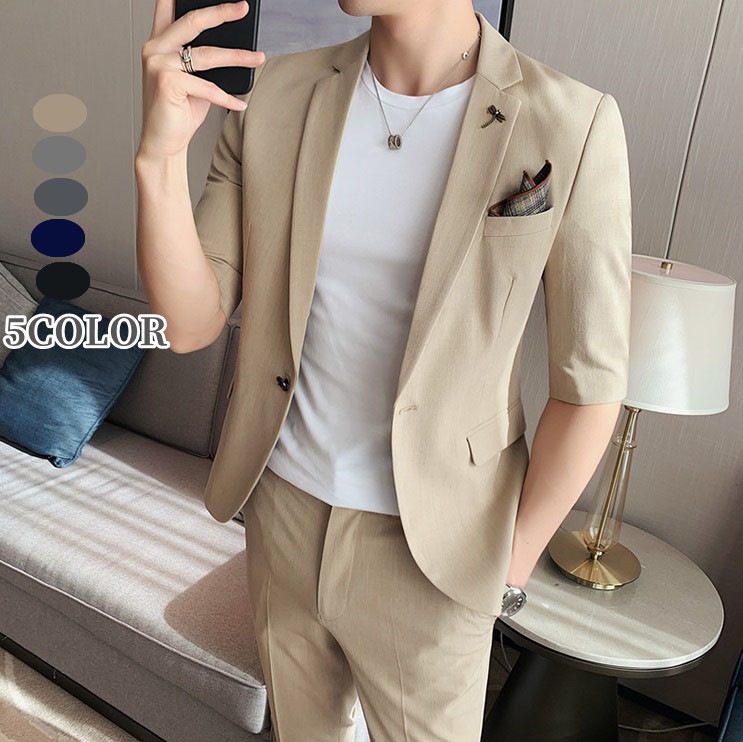 品質良い ジャケット+ズボン 宴会 メンズスーツ 男性スーツ カジュアル メンズスーツ 2点セットスーツ 5分袖スーツ 結婚式 5color 二次会 成人式 卒業式 就職活 春夏秋 ビジネススーツ フ