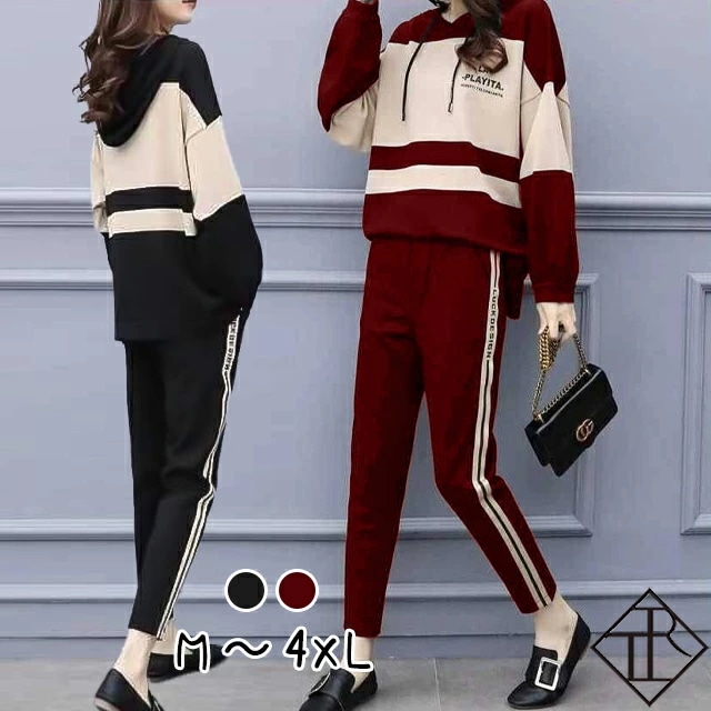 【即納】セットアップ レディース カジュアル パーカー上下セット スウェット スポーツウェア パーカー パンツ ルームウェア アクティブウェア 部屋着 綿 ジャージ バイカラー 英字ロゴ ゆるい 体