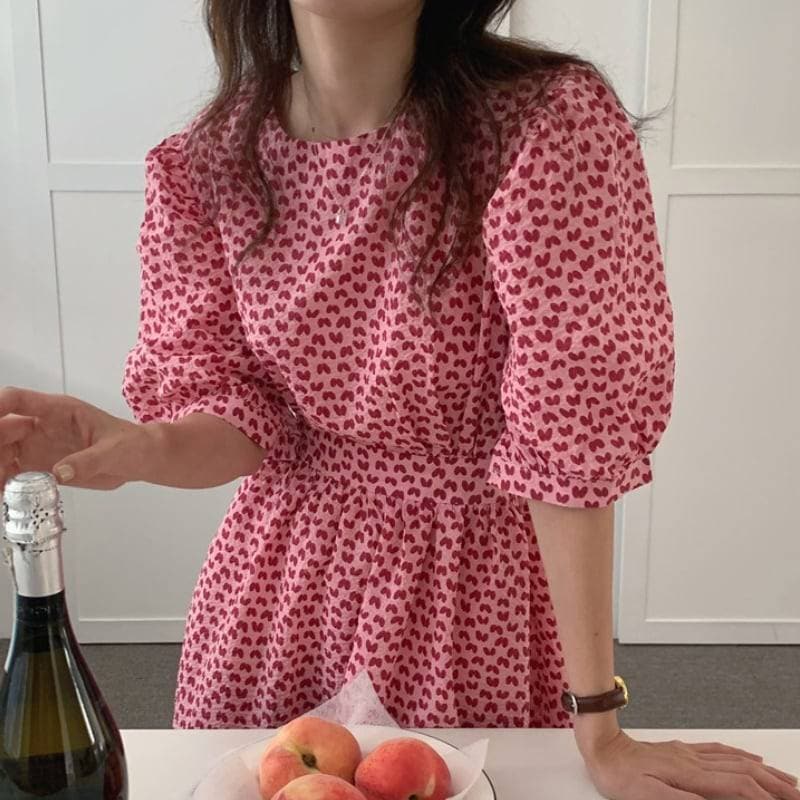 2color レディース ワンピース パフスリーブ 半袖 ロング丈 ガーリー フェミニン 大人カジュアル お洒落 春夏 春 夏 秋 ママ ママコーデ 20代 30代 40代 デート お出かけ 普段使い