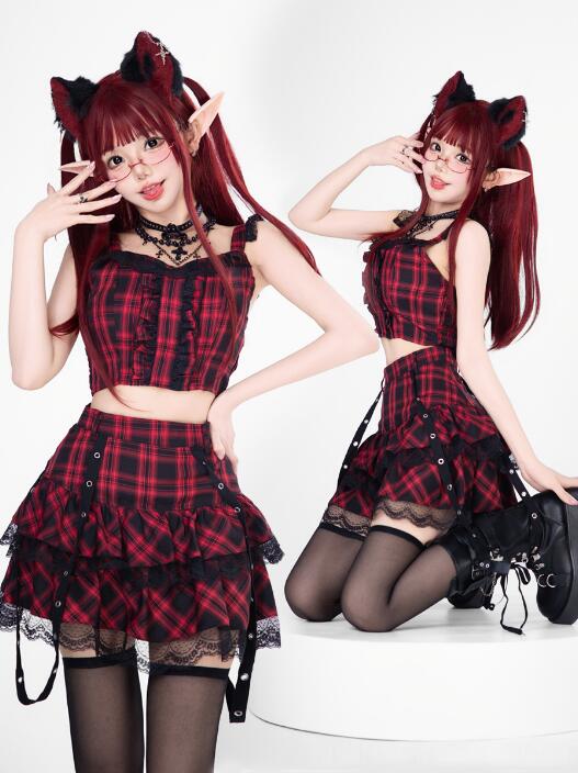 ゴシック ロリータ 衣装 チェック柄 スカートセット ゴスロリ コスプレ衣装 暗黒風 コスチューム レース プリーツスカート ハロウィン 学園祭 文化祭 イベント 撮影衣装 2点セット 5点セット