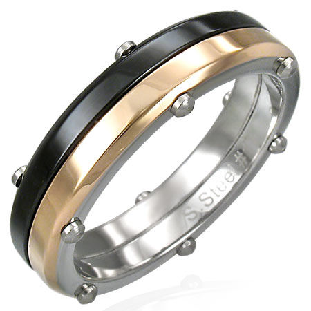 ダブルカラーリベットステンレスリング（SRV100）指輪 18号 ブラック ピンクゴールド 黒色 サージカルステンレス316L 男性 女性 プレゼント アクセサリー 綺麗 r0918xxxxxxxx