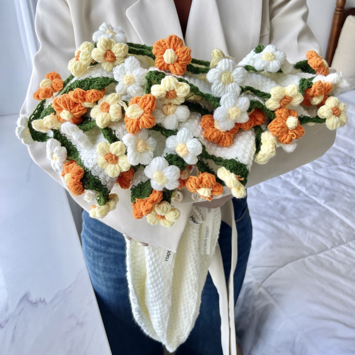 ローズブーケブランケット完成した小さなデイジーカーペット手織りウールボールフラワーブランケットパフフラワーブランケット完成品価格は異なりますこのリンクは織られた毛布 +手作業の花で作られています