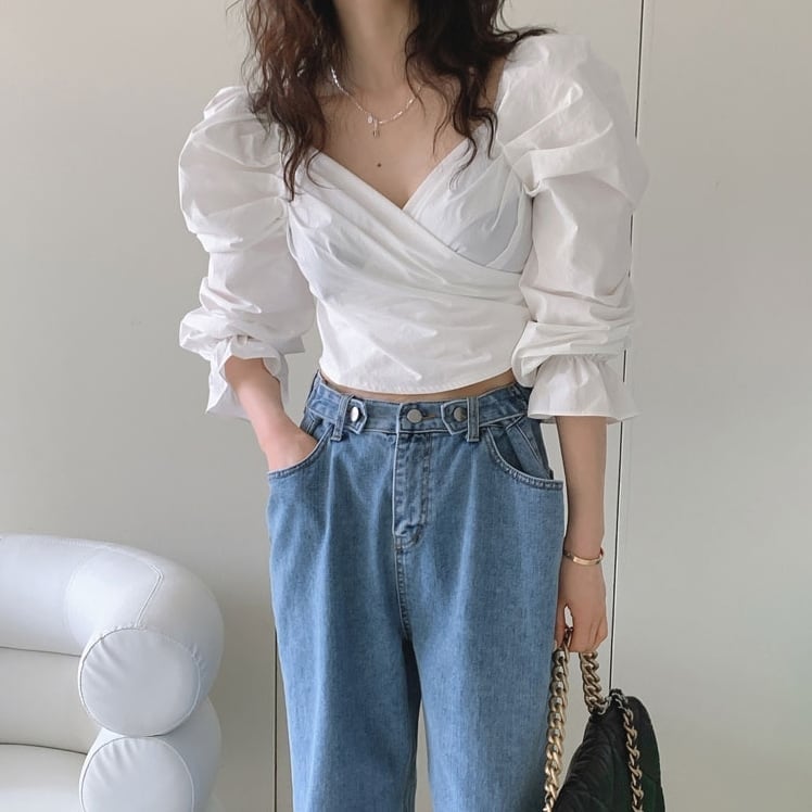 トップス Vネック シャツ カシュクール ブラウス ポケット ゆったり 長袖 七分丈 ノーラペル 人気