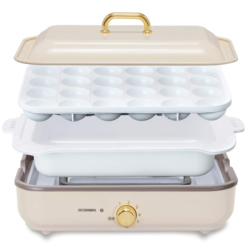 アイリスオーヤマ ホットプレート たこやき器 深鍋 2way 洗いやすい おしゃれ 温度調節機能付き 保証付き PHP-1002TC-VC バニラクリーム