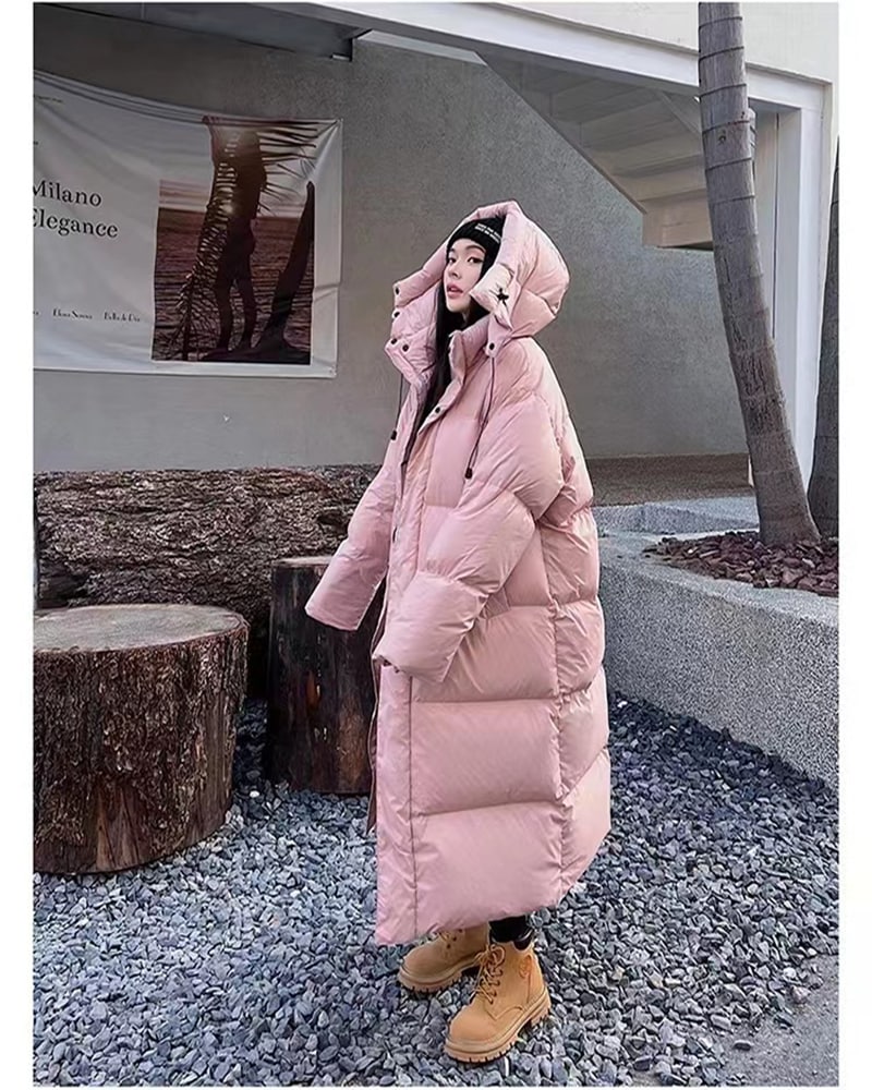 韓版はやせて中長のダウンジャケットの女性ファッション百着を厚くして膝に帽子をかぶった学生コートを作った 大きな掛け布団