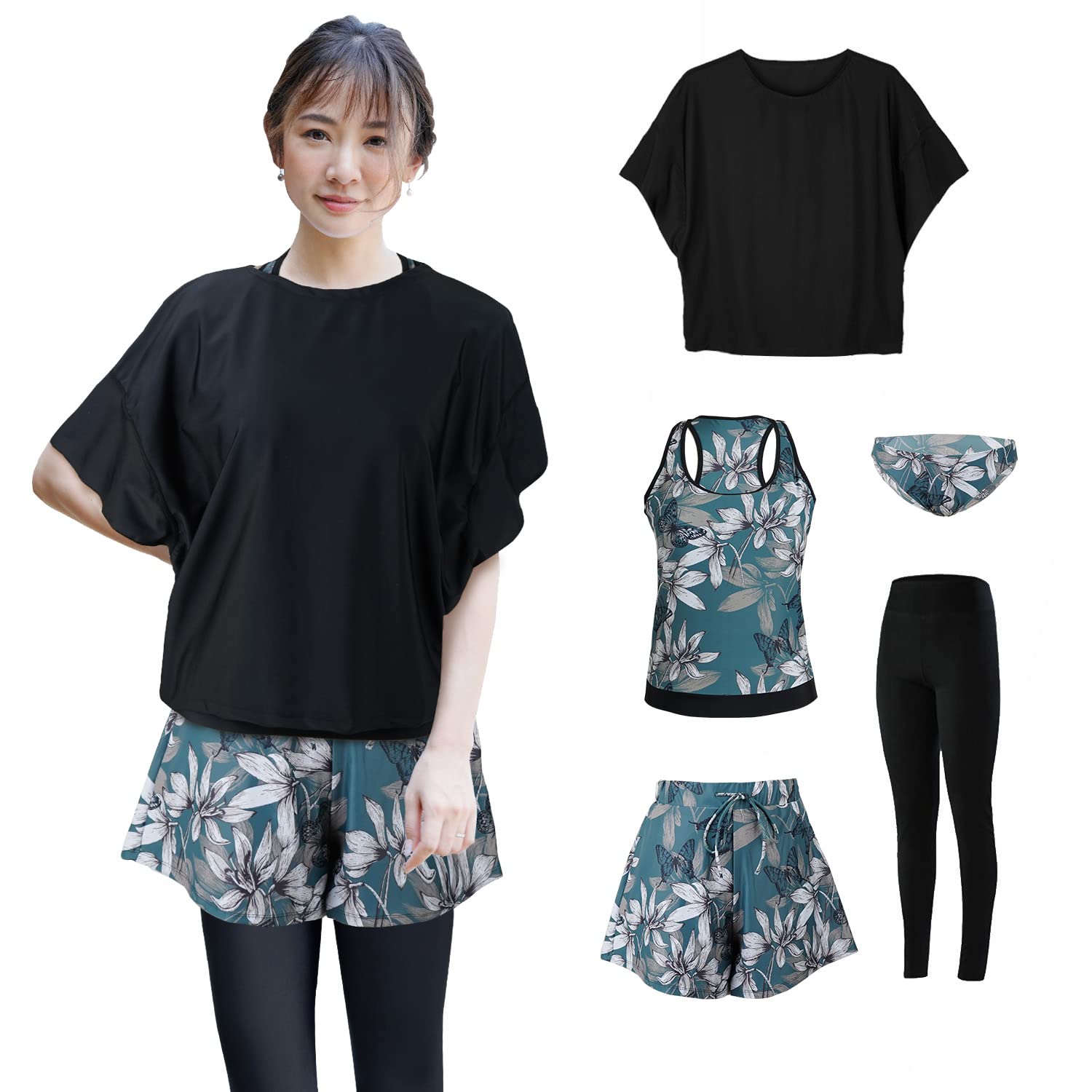 [Molamola] 水着 レディース 体型カバー ヨガ水着 タンキニ オーバーTシャツ ショートパンツ レギンス ショーツ 5点セットママ水着 半袖