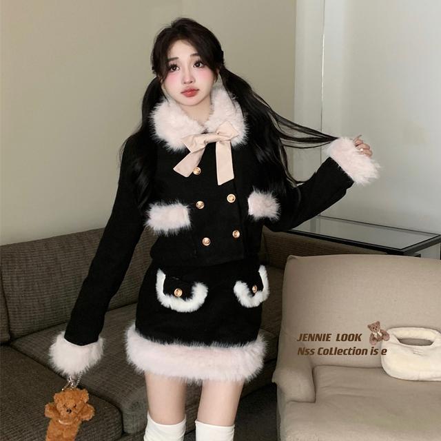 スーツドレス ファー付き裏地付き厚手ウールコート秋冬セットヒップラインスカートミニスカート2点組