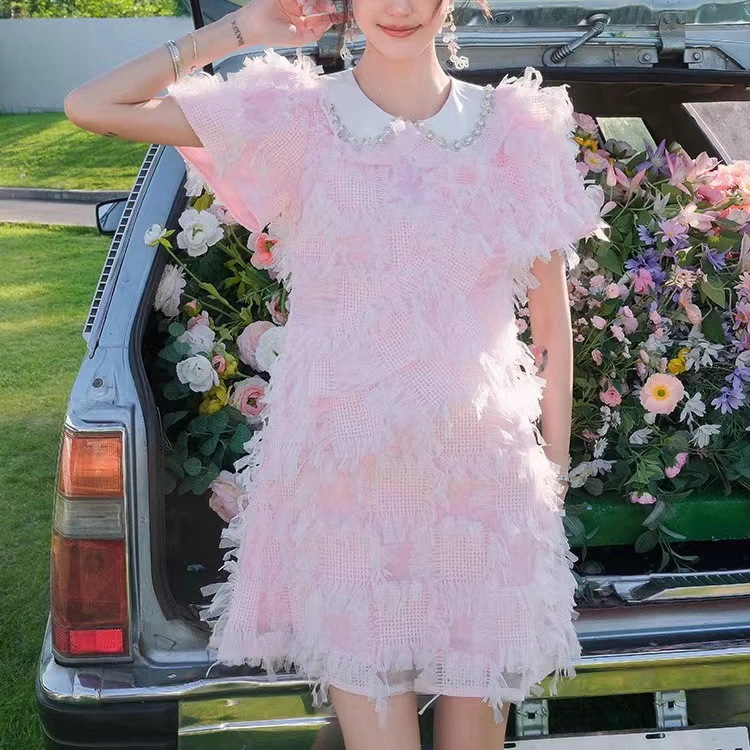 感　フリンジミニワンピース　半袖　人気夏コーデ　可愛いドレス　誕生日　結婚式