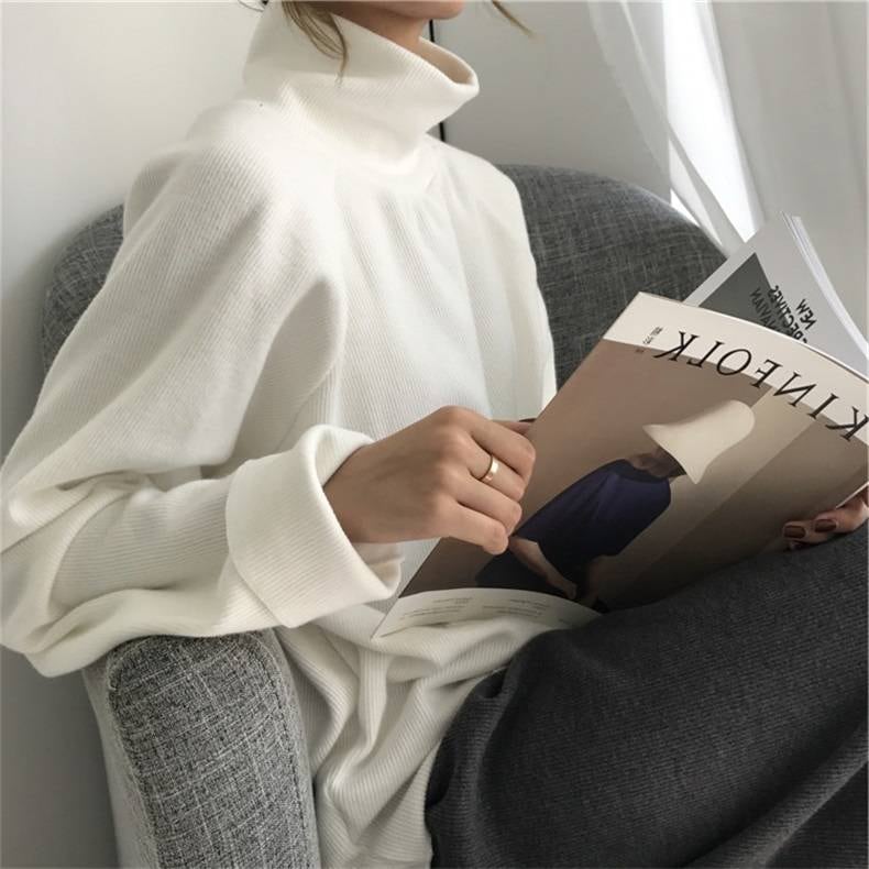 ハイネック トップス レディース 長袖 リブ ニットソー 5色 ホワイト ベージュ ブラック S M L きれいめ オフィス カジュアル ビジネス デート 通勤 20代 30代 40代 着回し 重ね着