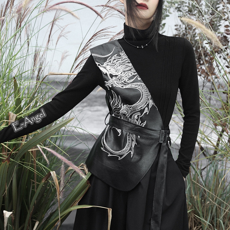 チャイナ風トップス 龍柄 刺繍 単肩ベスト レディース レザー アウター PU シャツ/ワンピコーデ 合わせやすい チョッキ チャイナ コスプレ アシンメトリー