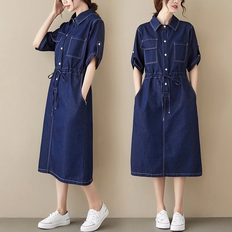 「ファットガール」 夏/大きいサイズ/コントラストカラー/デニムワンピ/女性/ミドル丈/ウエスト/シャツスカート ドレス ロングワンピース メガ割30%までに制限