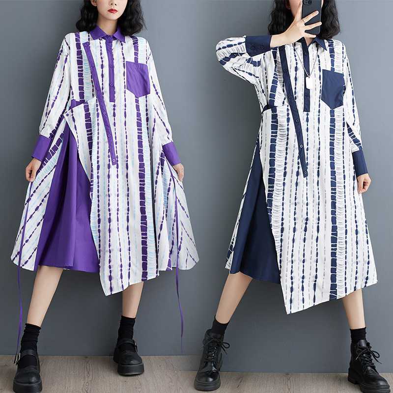 「ファットガール」 2024秋新品 ドッキングワンピース 大きいサイズ 長袖 体型カバー レディース シャツワンピース メガ割30%までに制限