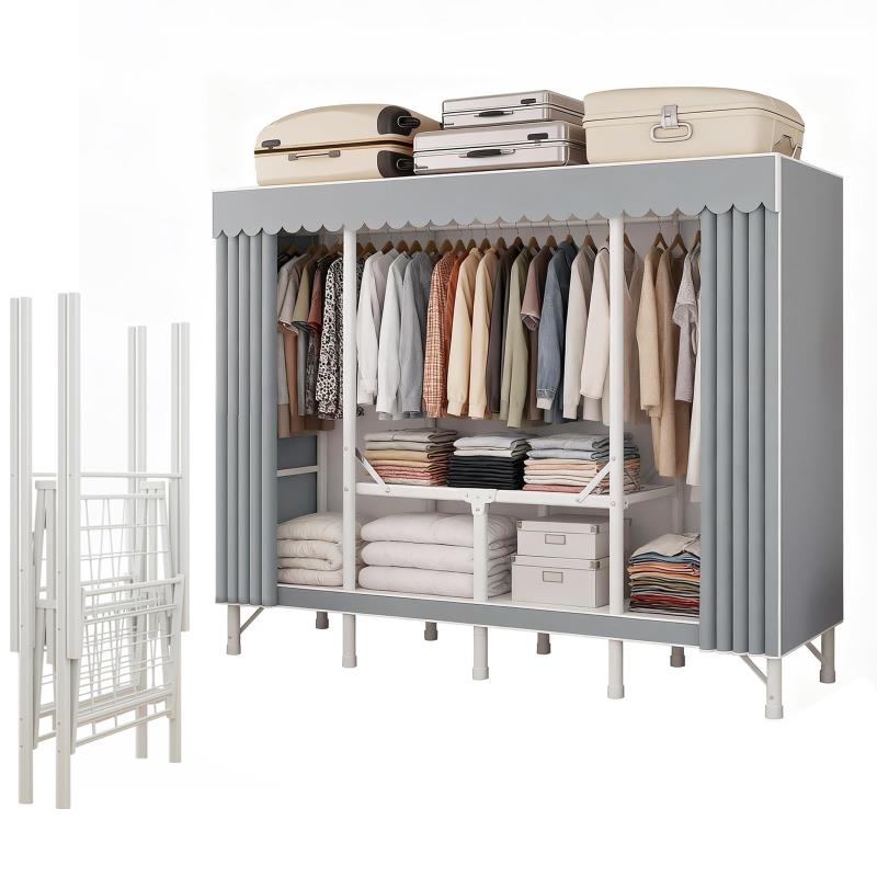 ワードローブ カバー付き 折りたたみ クローゼット 大容量 組み立て簡単 ハンガーラック 金属フレーム 高耐荷重 衣類収納ラック 省スペース 防水 防塵 防汚 引っ越しは携帯しやすい 日本語説明書付き