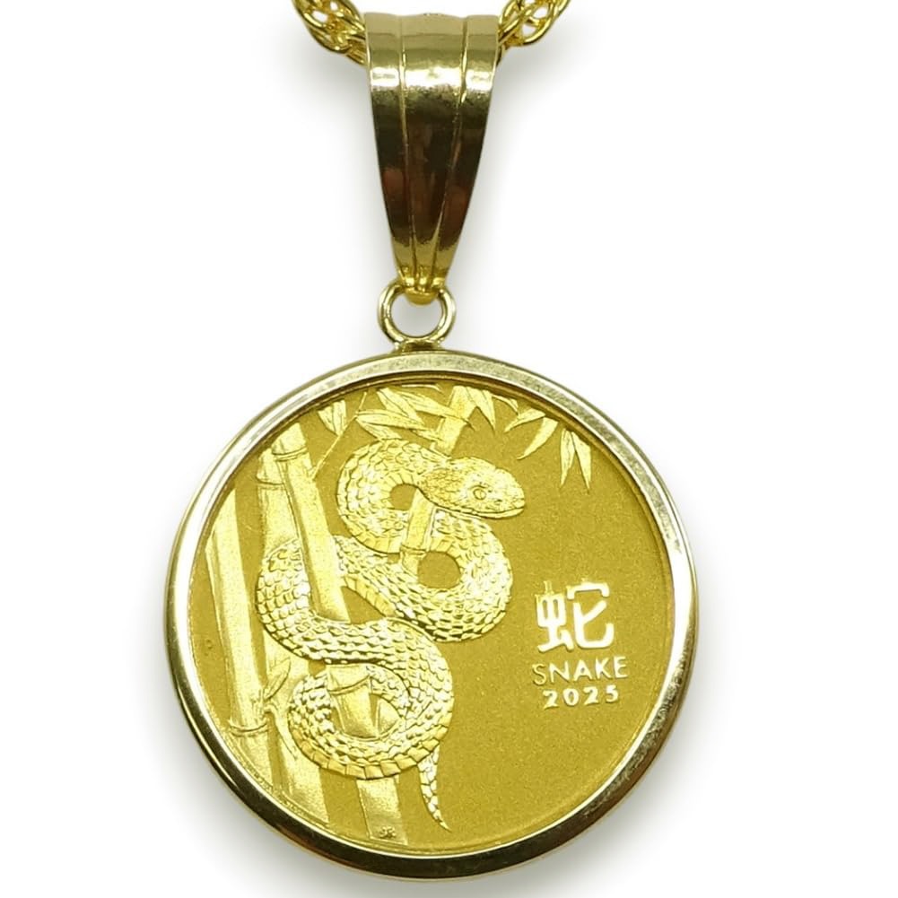 純金K24蛇年(へび) 干支 巳年コインジュエリーネックレス 2025年 枠18金 1/10oz 9999Au 15DOLLARS 裏面CHARLESAUSTRALIA 金貨