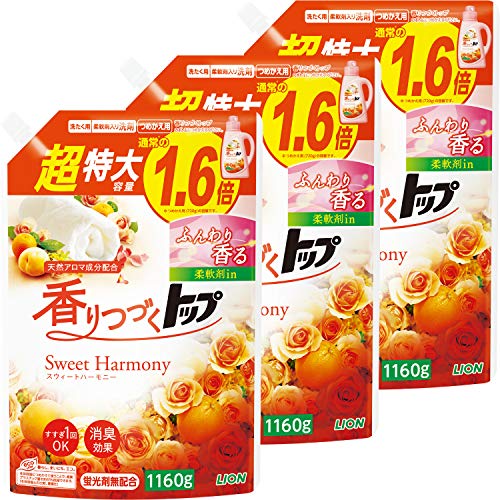 【まとめ買い 大容量】香りつづくトップ スウィートハーモニー 蛍光剤無配合 柔軟剤入り洗濯洗剤 液体 詰め替え 超特大1160g3個セット