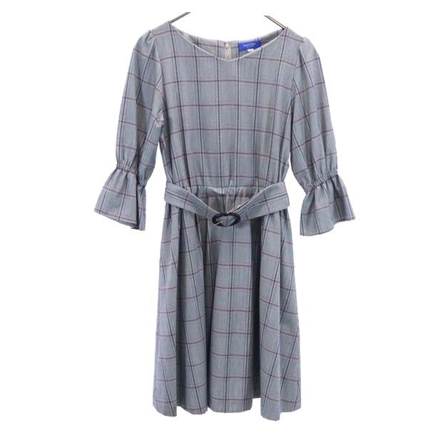 三陽商会 チェック柄 7分袖 ワンピース 36 グレー系 レディース