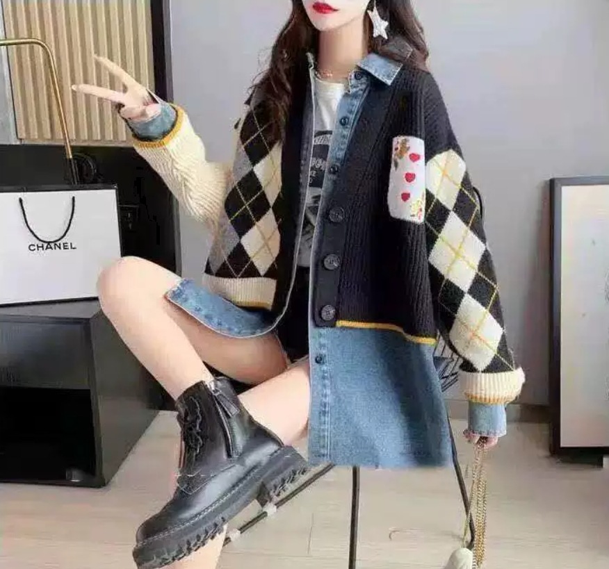 レディース トップス ニット カーディガン 長袖 ドロップショルダー Vネック 襟付き デニム かわいい カジュアル おしゃれ レトロ 個性的 ヴィンテージ 無地 格子柄 秋 冬 切り替え ボタン