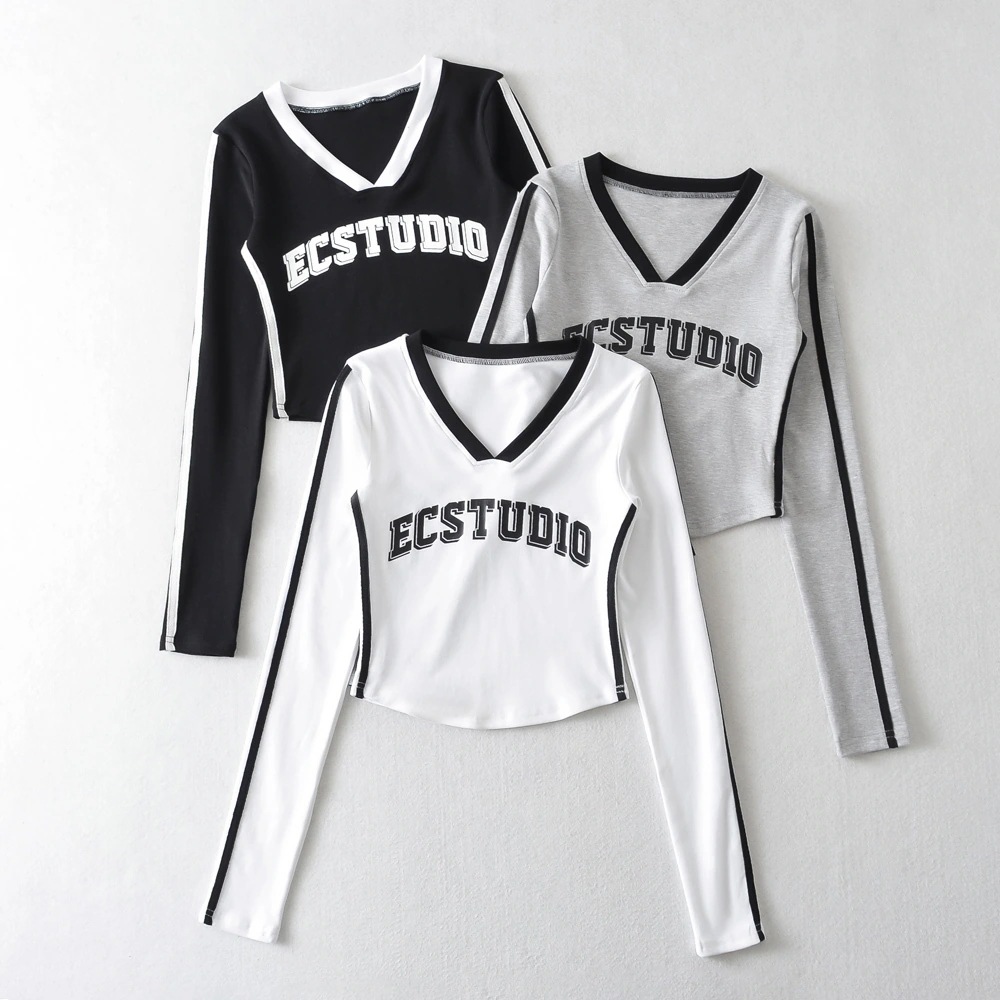 トップス Tシャツ 白シャツ 白トップス クロップド丈 袖あり 長袖 Vネック ストレート ハイウエスト かわいい シンプル カジュアル おしゃれ お洒落 かっこいい メンズライク セクシー