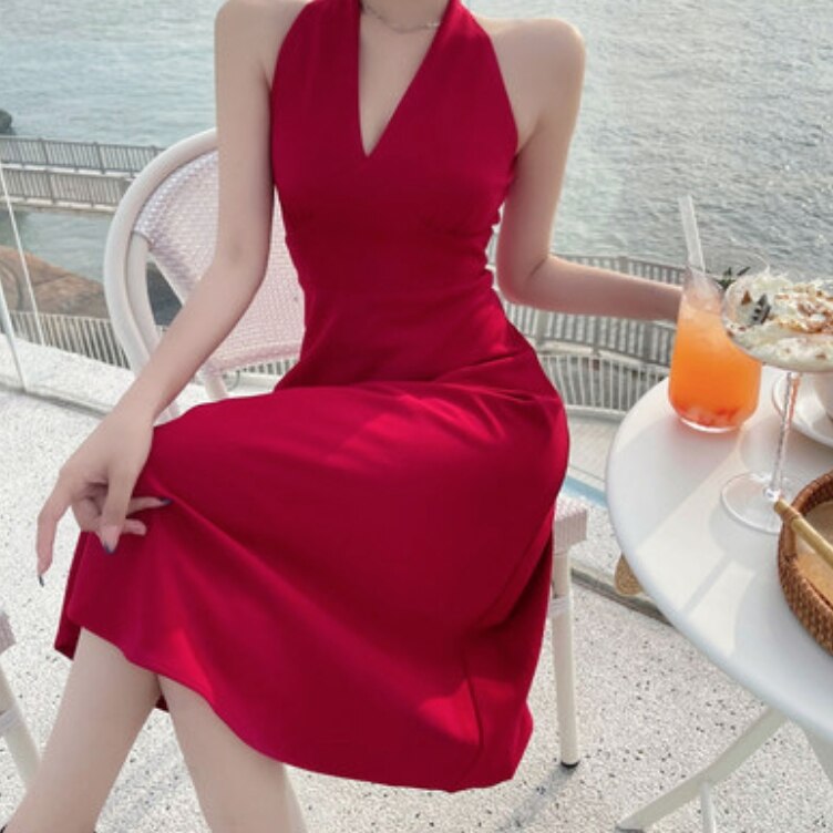 ワンピース ドレス レディース 膝丈 ノースリーブ ウエストマーク かわいい 大人可愛い きれいめ シンプル 大人 上品 おしゃれ 無地 夏 リゾート デート お出かけ パーティー レッド ブラック