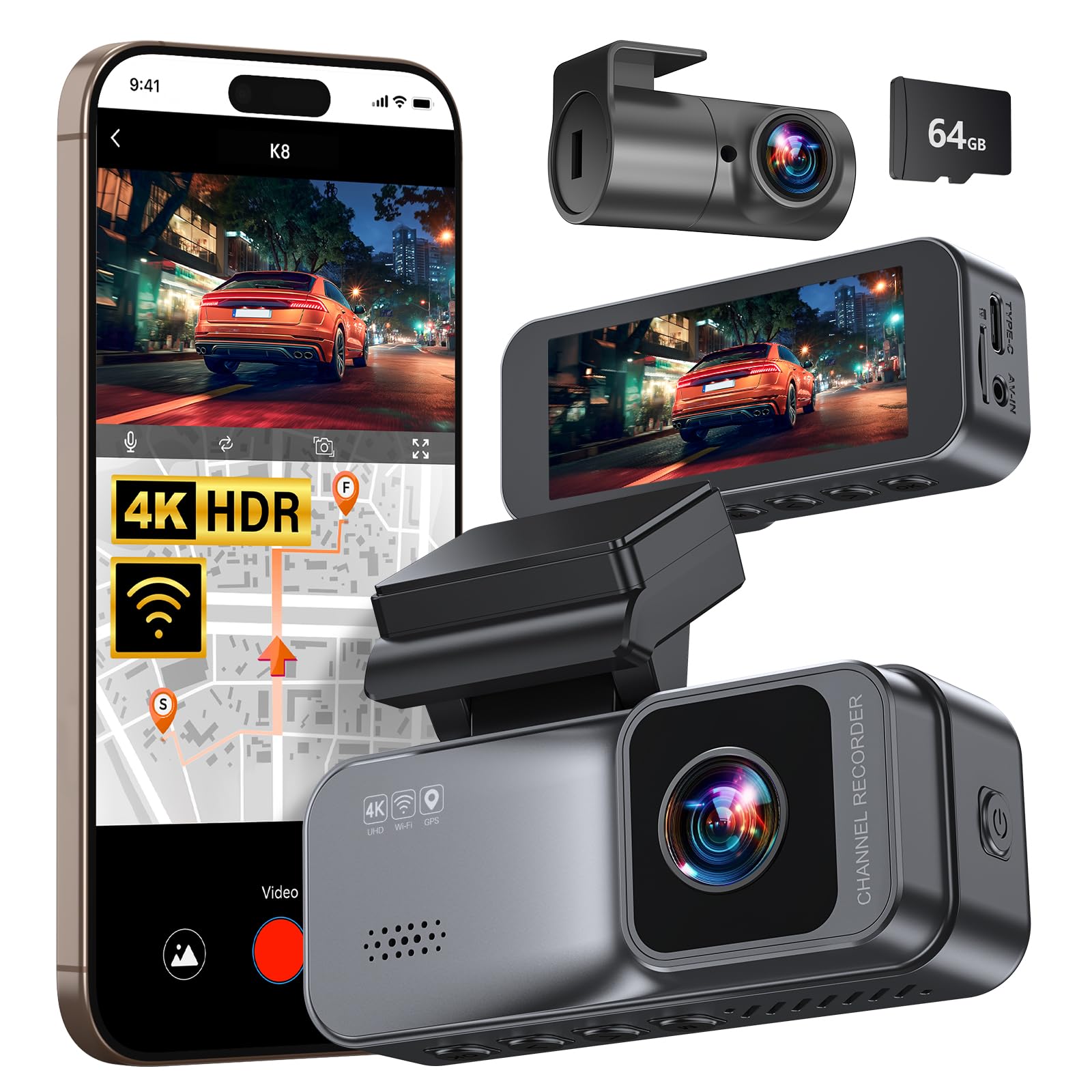 KASNOW ドライブレコーダー ドラレコ 4K 前後カメラ UHD 800万画素 GPS搭載 IMX415センサー WDR搭載 3.16インチ 小型ドラレコ 前後 駐車監視 ノイズ/LED信号機対策