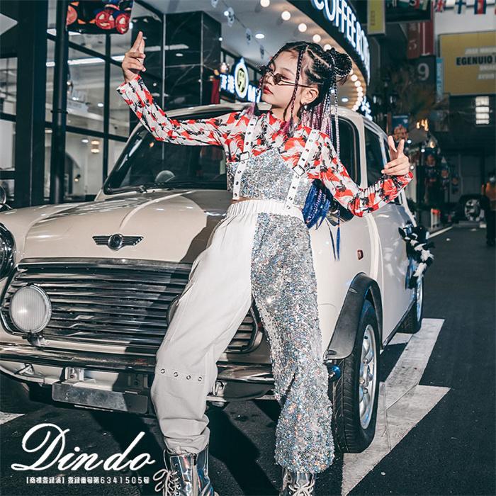 キッズ ダンス衣装 ヒップホップ シルバー カラー パンツ セットアップ HIPHOP ダンストップス ズボン 子供 女の子 チアガール ステージ