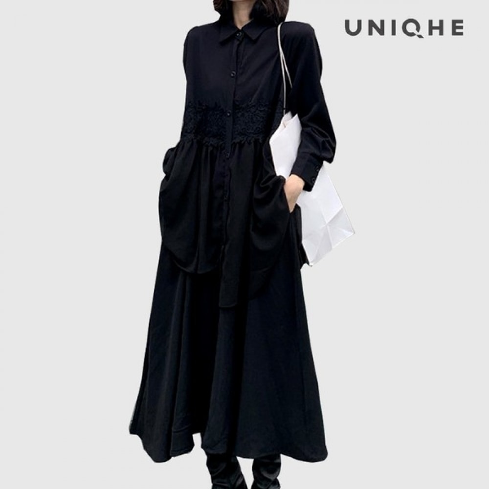 (UNIKE) 花びらレースボトムフリルロングワンピース