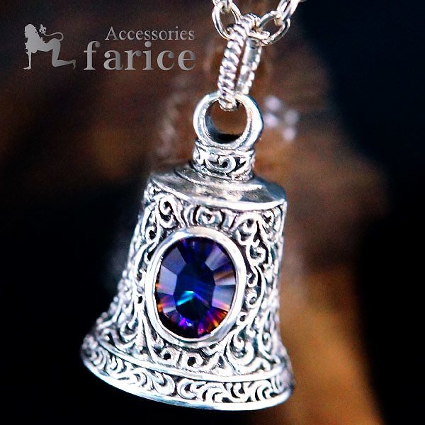 レインボーカラーミスティックトパーズ装飾 ベル(鐘)デザイン アラベスク立体彫り&ブラスゴールドフラッパー(振り子) シルバー925 メンズ ペンダント ネックレス