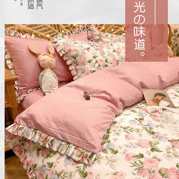純綿ベッド4点セット全綿プリンセス風寝具ベッドシーツ3点セットベッドスプレッド田園風花柄掛け布団カバー