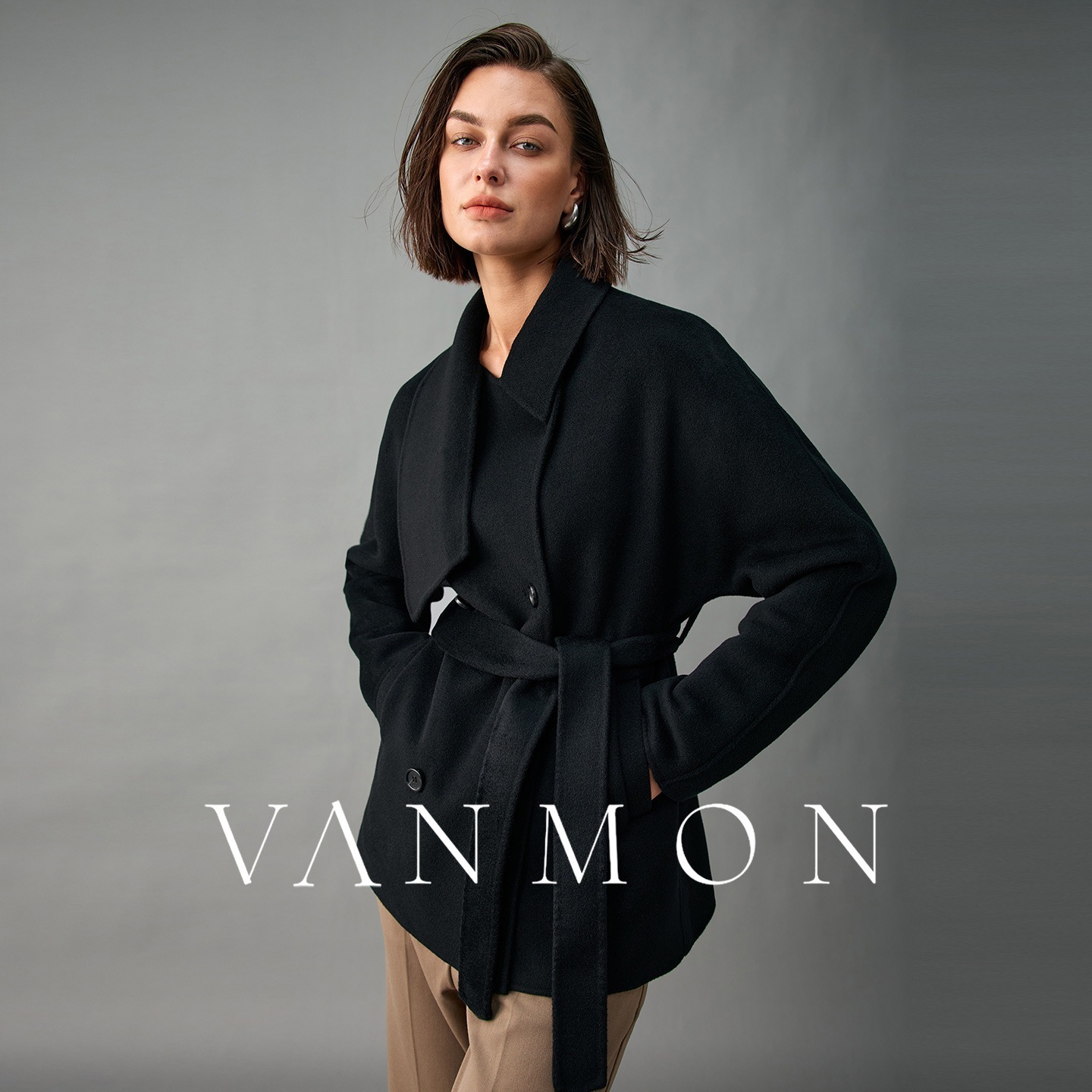 2025年新作 100%ピュアカシミヤ ダブルフェイスウールコート レディース ダブルブレスト スタンドカラー ブラック 高級ウールコート