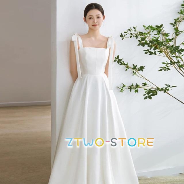 ウェディングドレス ノースリーブ 肩紐リボン ウェディングドレス 大きいサイズ 3L 4L ウェディングドレス 二次会 シンプル ガーリー 前撮り フォトウェディング