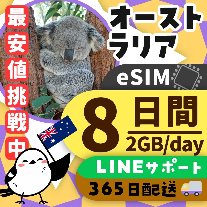 【オーストラリアeSIM】簡単設定／使用日数：８日間／データ容量：２GB（day）／有効期限90日／最短即日発行／パスポート番号不要／データ通信専用 4,412円