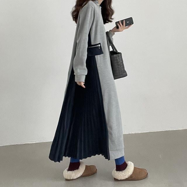 ワンピース シックな個性的なファッションカラー衝突スプライシング裾スカートプリーツレディース服
