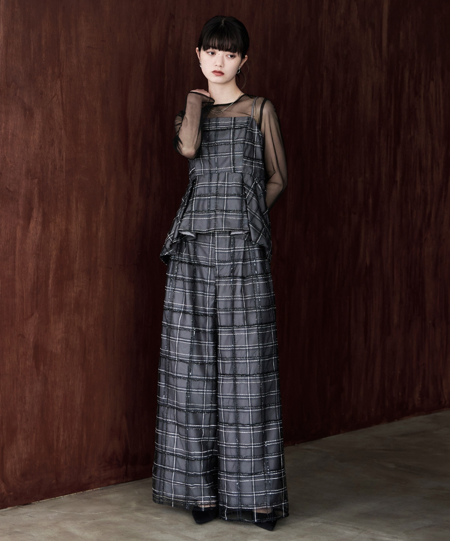 3pieceシアーチェックビスチェ＆タックワイドパンツセットアップ パンツドレス セットアップ チェック柄 チェック トップス ビスチェ キャミソール ペプラム インナー シアー パンツ ロング