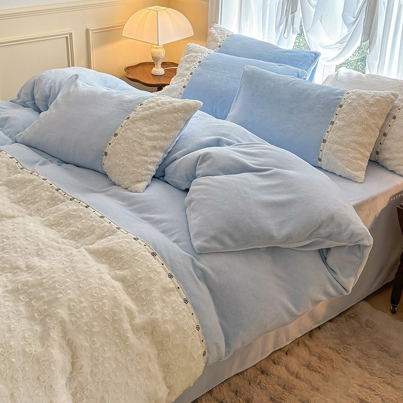 ウィンターレッキスラビット ラビットベルベット4点セット 立体ローズミルクベルベット ベッドシーツ 掛け布団カバー 両面コーラルベルベット寝具