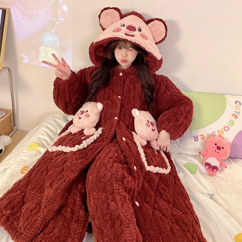 loopyビーバーパジャマ女秋冬珊瑚絨毯プラス厚手フランネル冬バスローブスリーパー部屋着