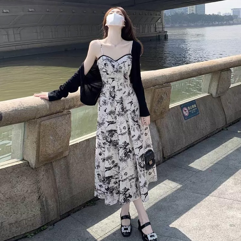 小祥峰花柄サスペンダードレススーツスカート夏用レディースニットカーディガンジャケットカレッジスタイル2点セット