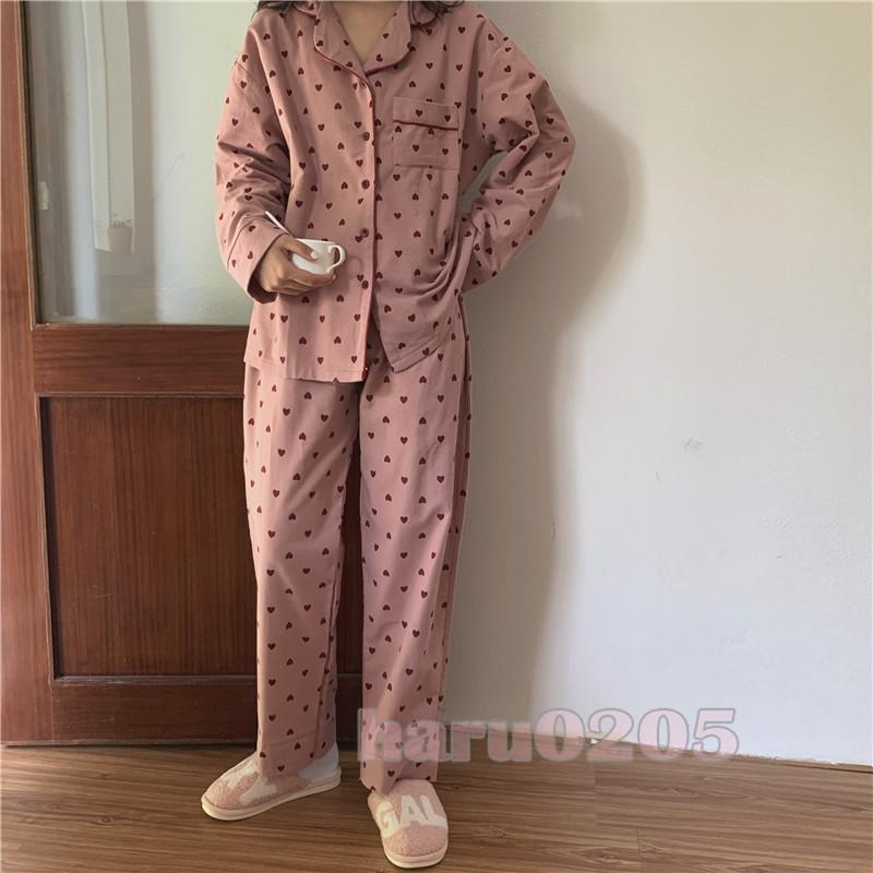 パジャマ 春秋冬 部屋着 レディース 長袖 おしゃれ ハート柄 ウェア 柔らかい ソフト 前開き 寝間着 お泊り 出張 入院 ガーゼ サプリ