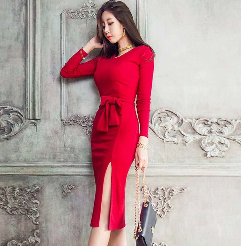 レディース ワンピース ミディ丈 シンプル タイト スリム スリット ウエストリボン 長袖 フォーマル 可愛い フェミニン きれいめ 上品 エレガント おしゃれ お出かけ お呼ばれ ブラック レッド