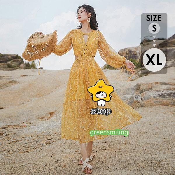 サマードレス ワンピース レディース 夏ワンピ ロング おしゃれ ファッション 春夏 長袖 イー レトロ ボヘミア ロングドレス 旅行 海辺 ビーチ S M L XL